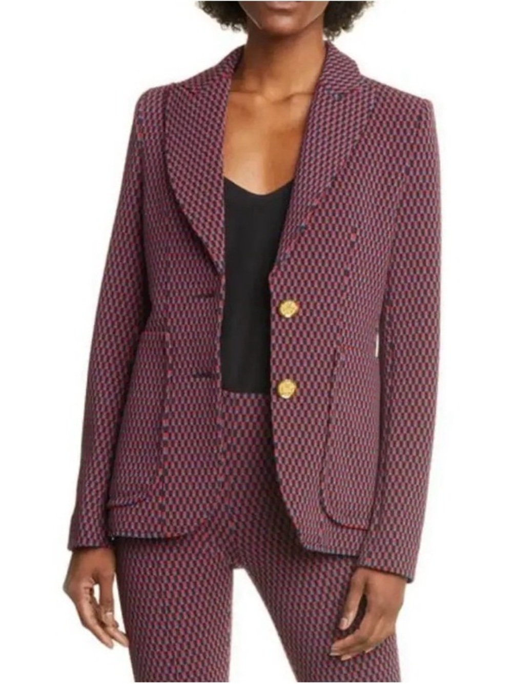 SMYTHE PORTRAIT NECK RED MULTICOLOR JACQUARD CHECK SINGLE BREASTED BLAZER size 6